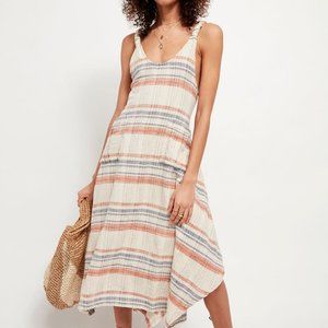 Free People Harper Striped Boho Dress Knotted Shoulder Straps Pocket Ivory